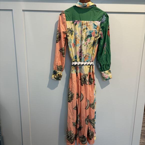 Tropical Print Maxi Dress Women Small Green Pink Long Sleeve Sash Toucan Mermaid - Picture 4 of 9